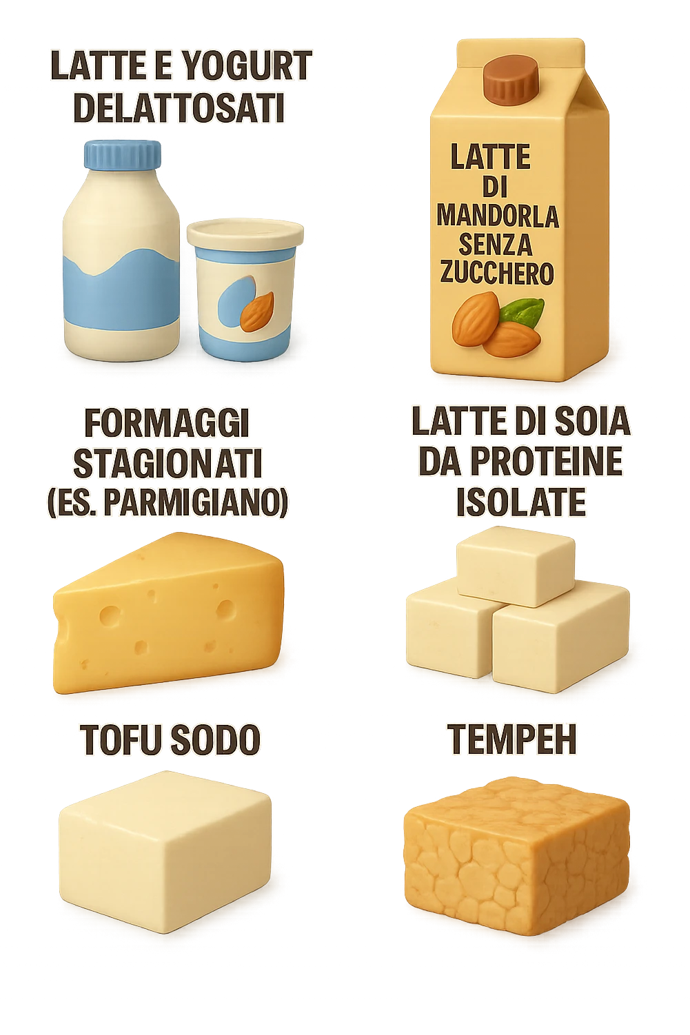 emoji stile iphone 3d di questi elementi che fluttuano in aria:

Latte e yogurt delattosati
Latte di mandorla (non zuccherato)
Latte di soia da proteine isolate
Formaggi stagionati (es. parmigiano)
Tofu compatto e tempeh
 che fluttuano in aria,  le etichette scrivile in italiano, iperealistico 4k emoji