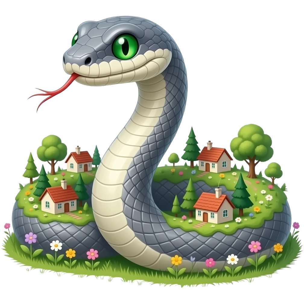 A snake that is gray and also flowers in grass on it in Giant and also that has houses and even villages on it in trees Andrea eyes and also with green eyes emoji