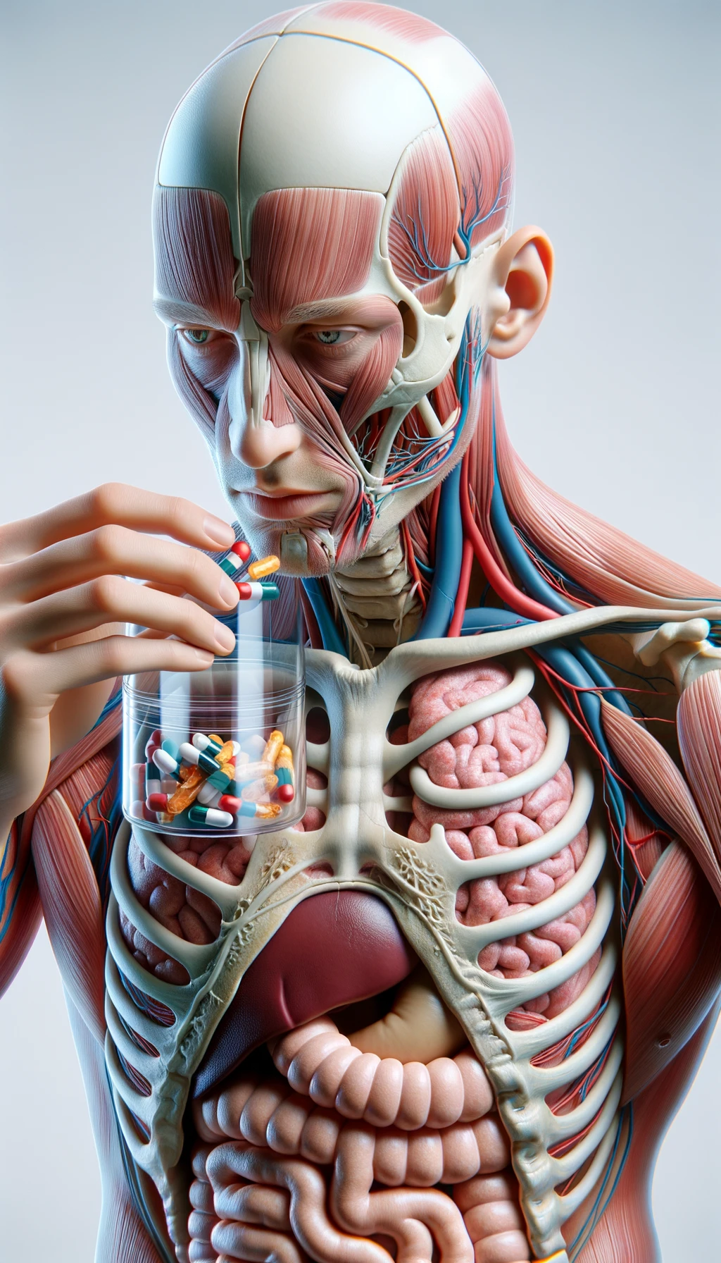corpo umano anatomico con intestino in evidenza che prende pillole con espressione neutra in volto, iperrealistico 4k, isolato su sfondo bianco emoji