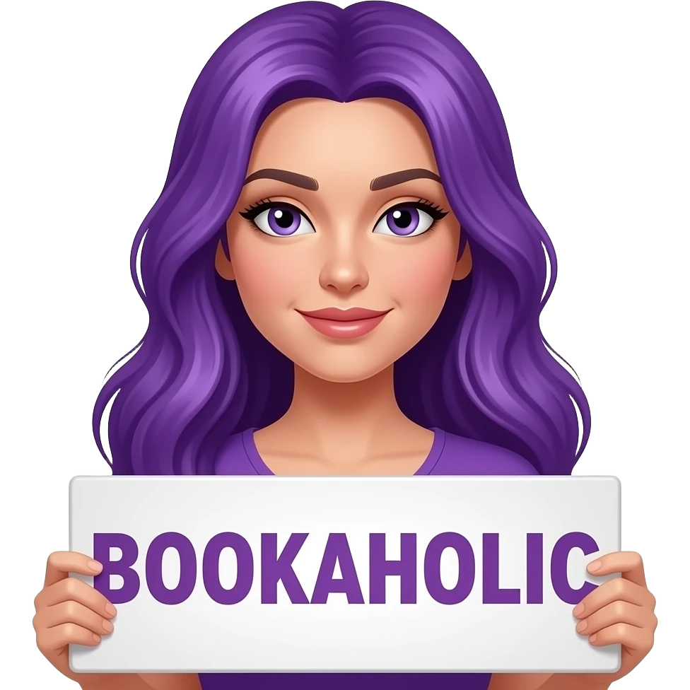 sexy girl with long purple hair holding a BOOKAHOLIC sign emoji