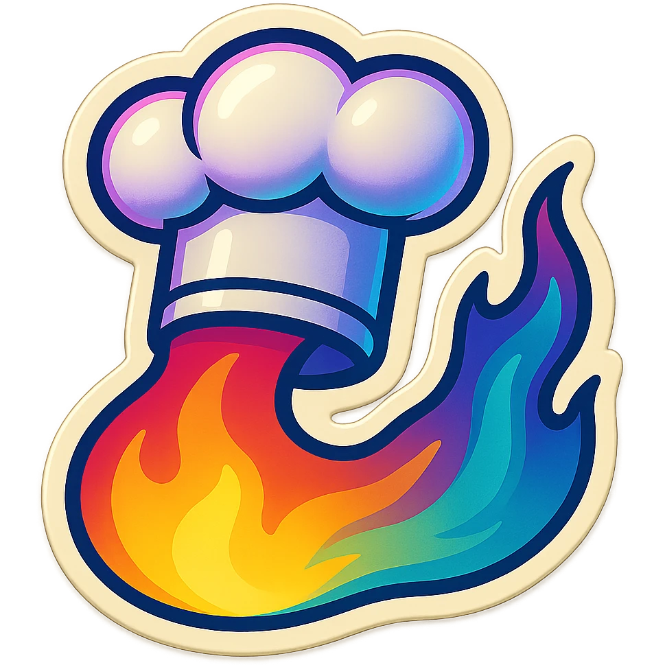 chef's hat with a trail of fire emoji, playful, synthwave colors, vibrant, matching style reference file
 emoji