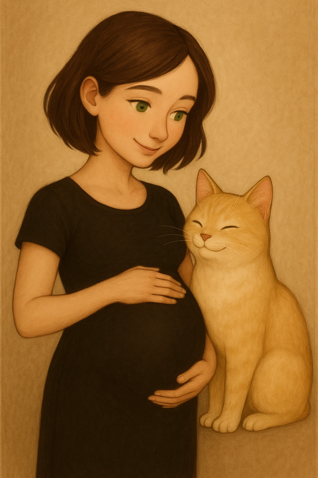 Make the girl's hair a little bit longer and put her in a black tight dress, keep her pregnant, with green eyes and a blonde cat. Maintain the original style and details of the image. emoji