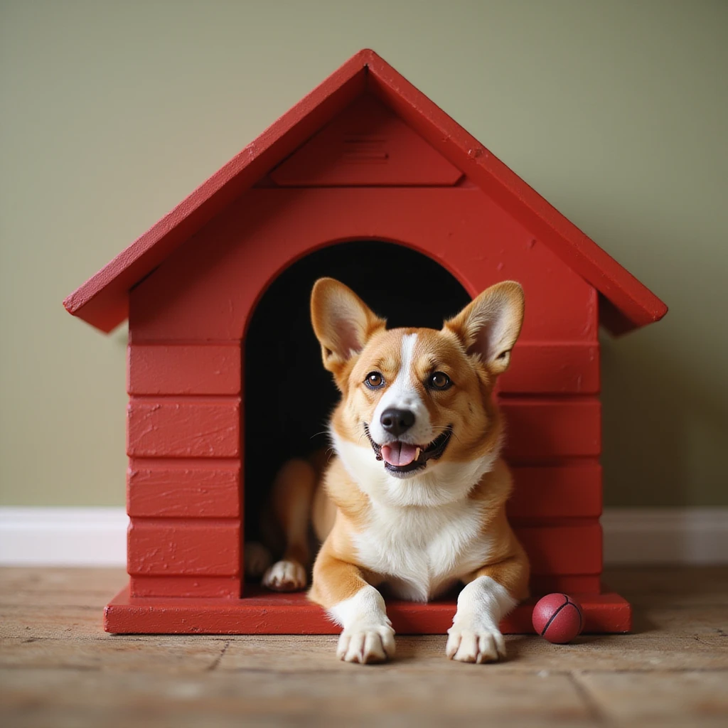 realistic red dog house with a Corgi dog inside, Corgi with a ball, photorealistic style emoji