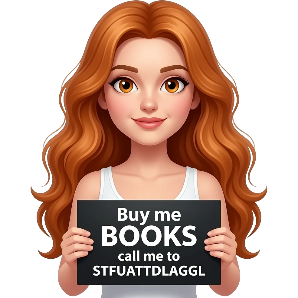 sexy girl with long wavy ginger hair and ginger eyes wearing a white tanktop is holding a black colored sign with Buy me BOOKS and call me to STFUATTDLAGGL written on it emoji
