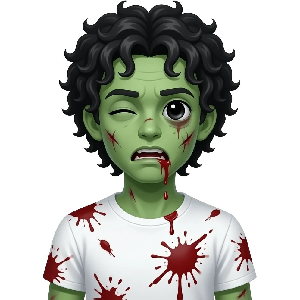 low quality, green skin zombie, all black eyes, black long curly 3c type hair, mouth slightly open with blood leaking out of mouth, wounds and cuts on zombie, white regular tee shirt, a young teenager, no wrinkles on face at all, eyes blacked out all the way with one eye shut, a ton of blood emoji