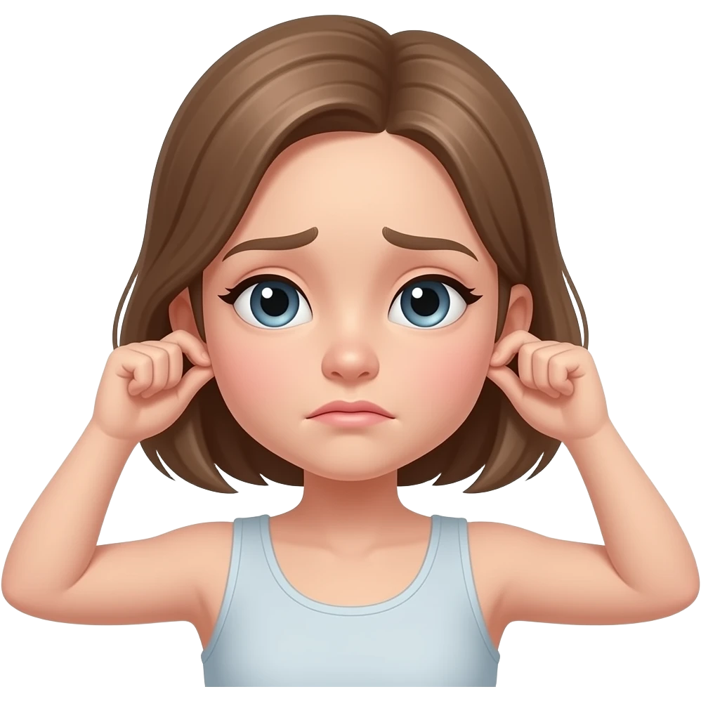 A pale girl with a little sad face catching her earlobes emoji