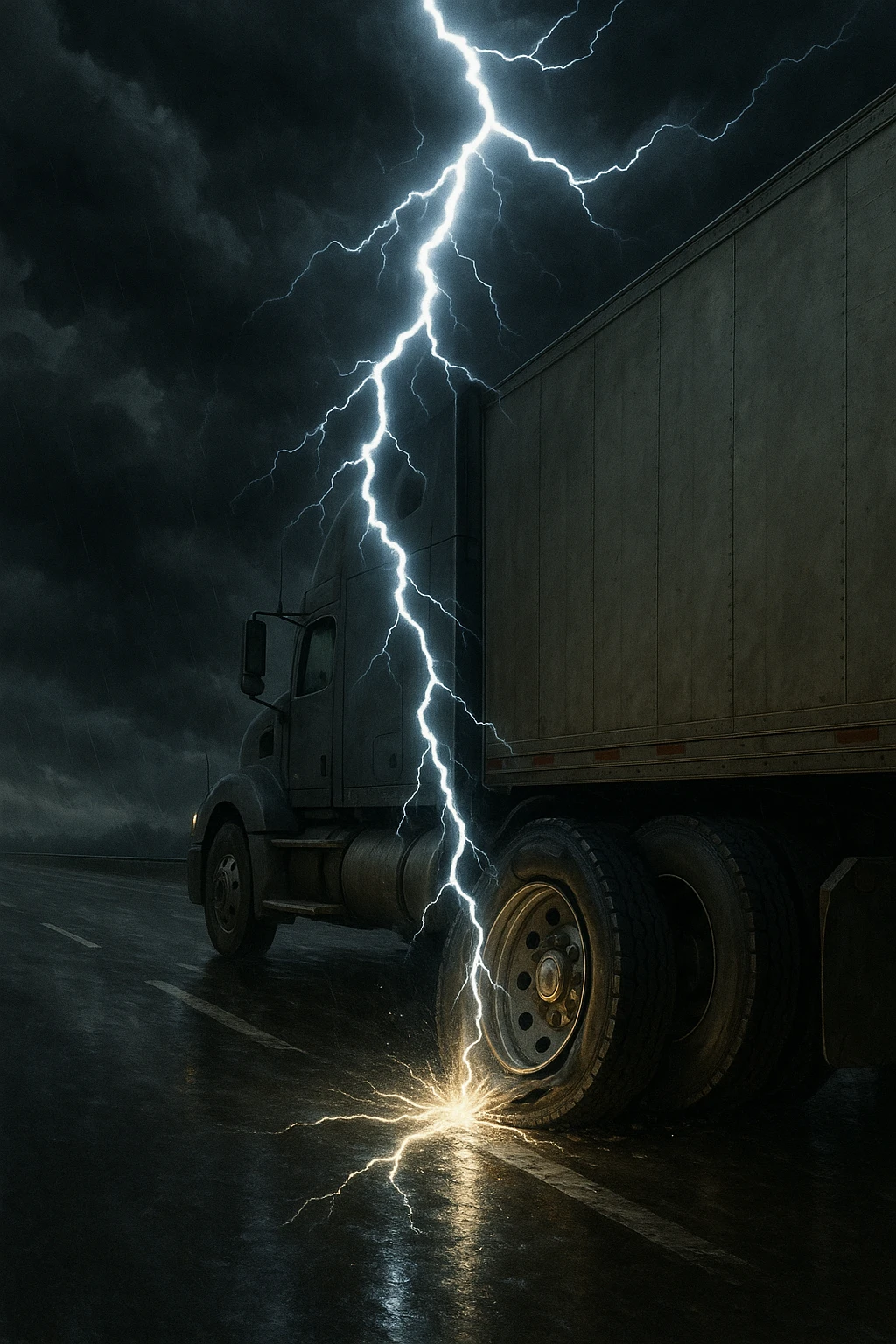 a flat tire from a semi truck on the highway, dramatic lightning bolt hitting it, realistic illustration emoji