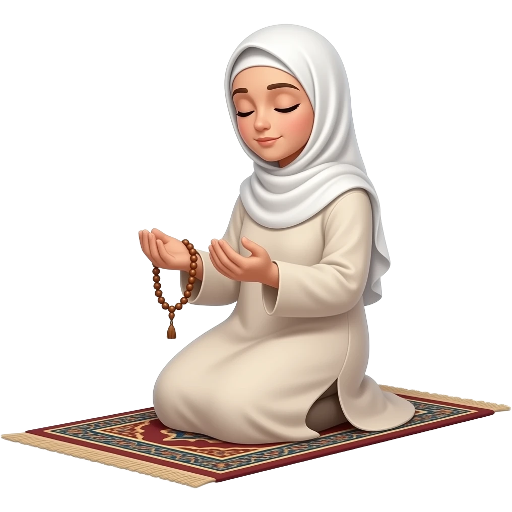 An ethereal Muslim woman, prayed position, closed eyes, wearing a soft white satin hijab, tasbih, prayer rug, gently cupping a luminous Patreon icon (the round 'P' icon) made of liquid light. Text bubble from mind: 'WHAT DO THEY GET IN?'. Isolated on white, magical stardust, 3D icon style emoji