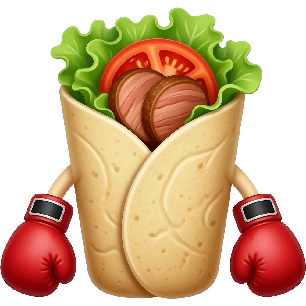 Doner kebab emoji in an open flatbread (not wrapped like a dürüm), visible filling with layered meat slices, lettuce, tomato and sauce, bread folded but open at the top, small boxing gloves, no arms or legs, clean glossy emoji style emoji