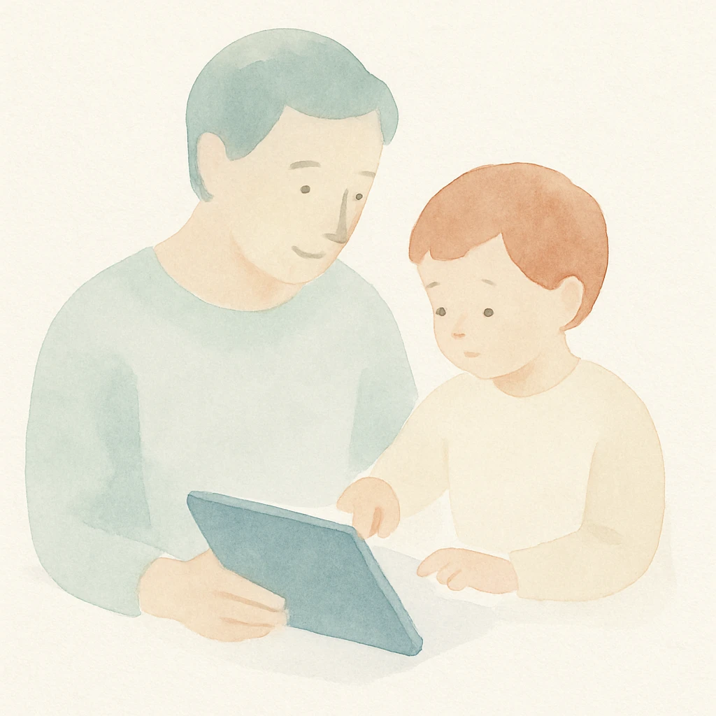 parent and child using a tablet, watercolor art style, gentle colors, soft edges emoji