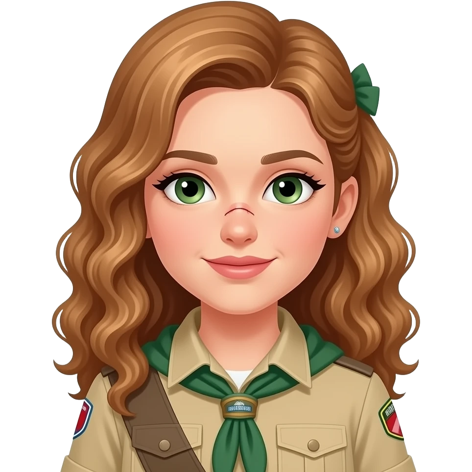 draw a girl in scout uniform with light brown ,curling , long hair and a  ponytail and green eyes and a scar on her nose she has also some earrings and the hair is flat emoji