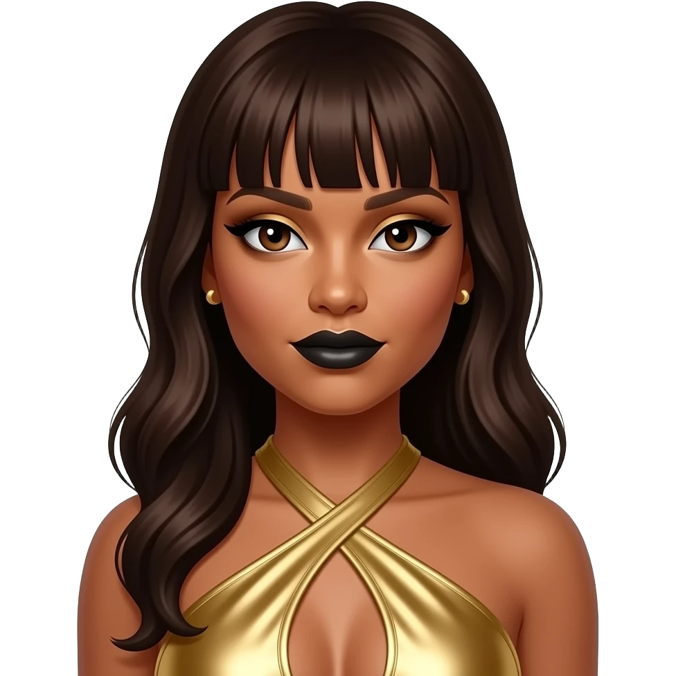 LeToya Luckett from Destiny's Child with dark brown eyes, long dark brown hair with bang, gold eyeshadow, black lipstick, gold metallic halter dress, gold earrings emoji