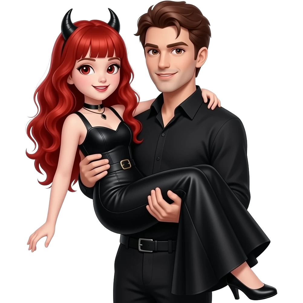 Bambina Vampiro femmina 12enne con capelli lunghi rosso fuoco ondulati e con una frangetta con pelle bianca che indossa un vestito stretto in vita e largo sotto lungo e nero e sta in braccio al papà VAMPIRO giovane pelle chiara emoji