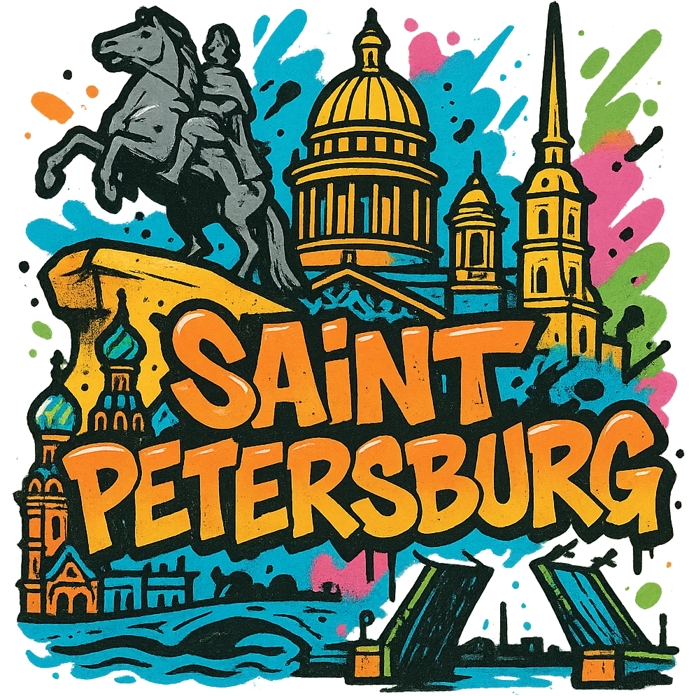 Сделай png рисунок Санкт-Петрбурка в стиле граффити emoji