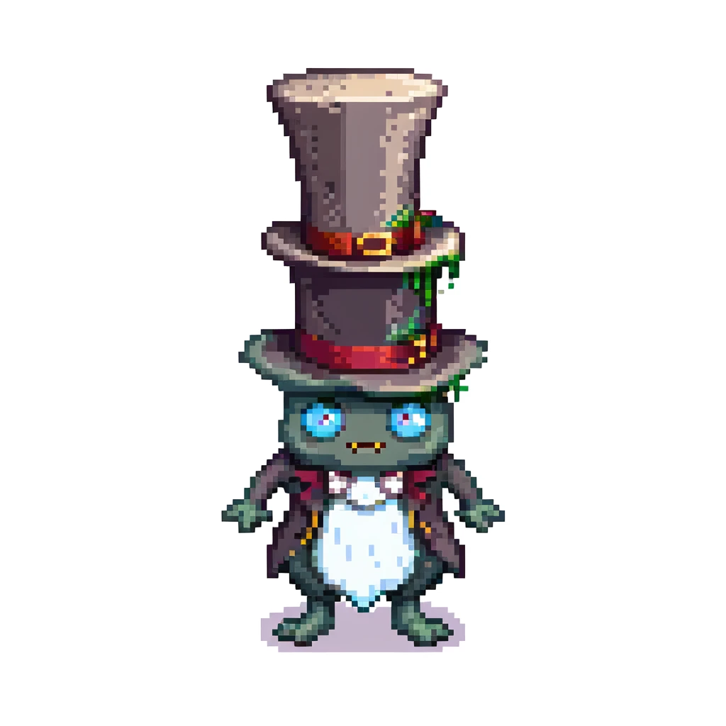 A whimsical, cartoonish 'goop' creature wearing a Victorian gentleman's black top hat, melting slightly over the brim, with expressive eyes peeking out. The background is a muted 19th-century study with warm lighting and leather books. emoji