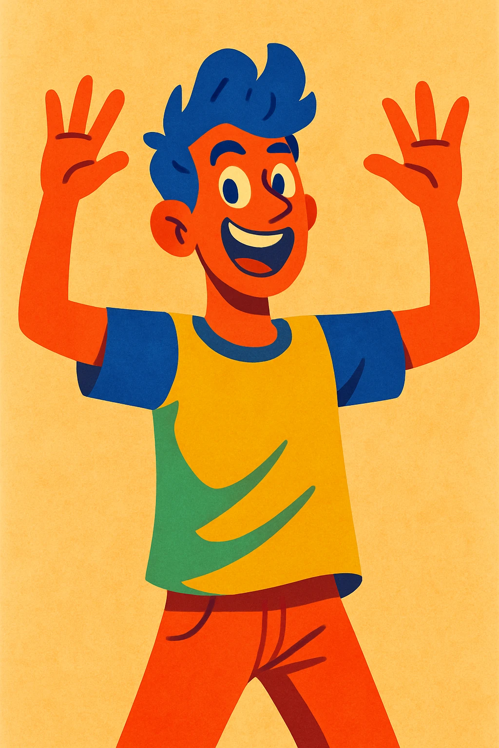 a young, vivacious, colorful man, energetic and expressive, vibrant colors, lively expression emoji