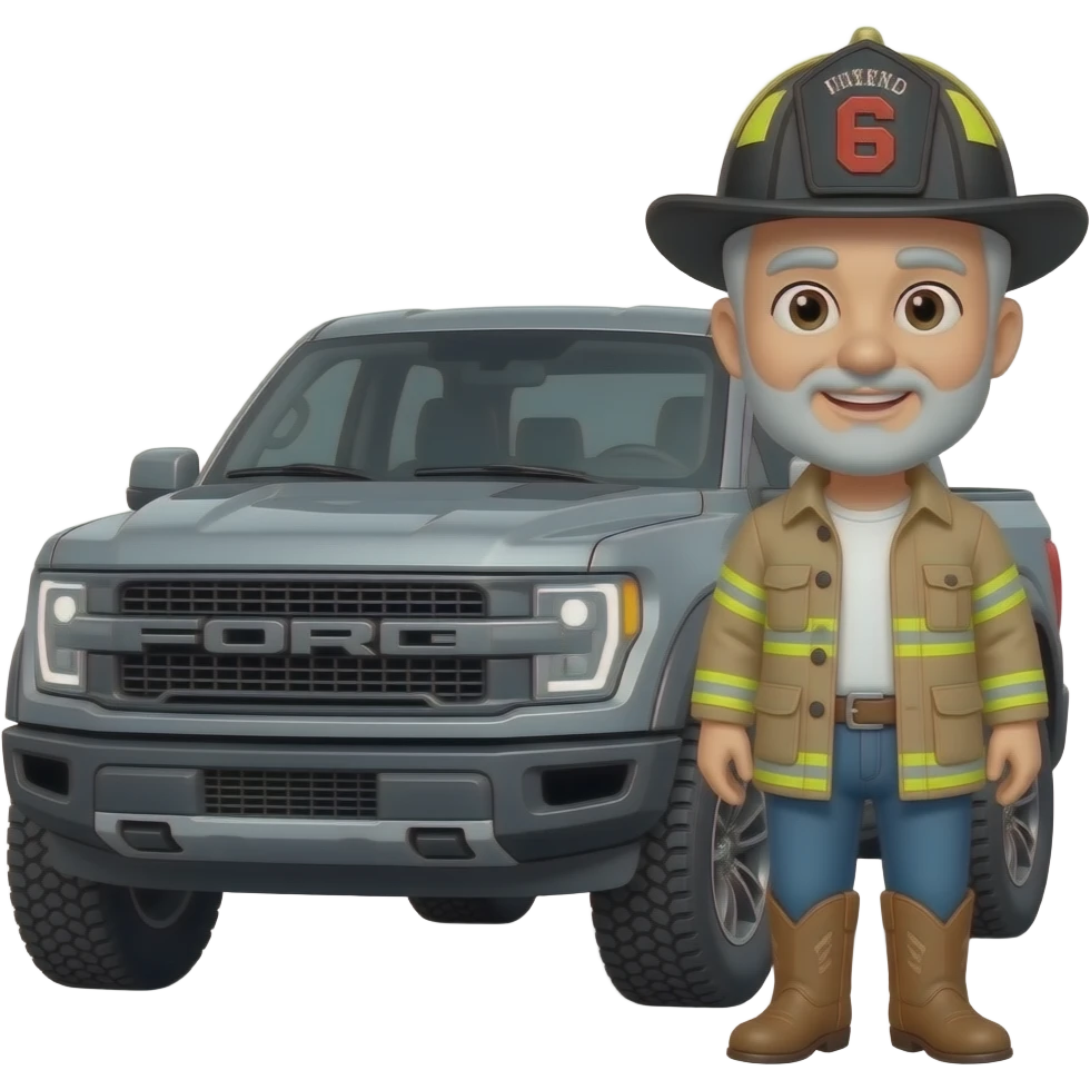 Cartoon emoji-style grey haired man in jeans, cowboy boots, and a firefighter helmet standing next to marsh gray colored 2025 ford bronco emoji