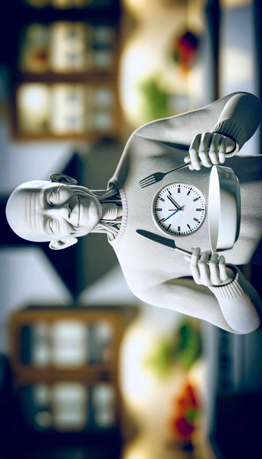 corpo umano anatomico, che tiene in mano un piatto bianco con la lancette di un orologio sopra, figura visibile fino ai fianchi, espressione del volto soddisfatta, sullo sfondo la sua cucina sfocata, iperrealistico 4k emoji
