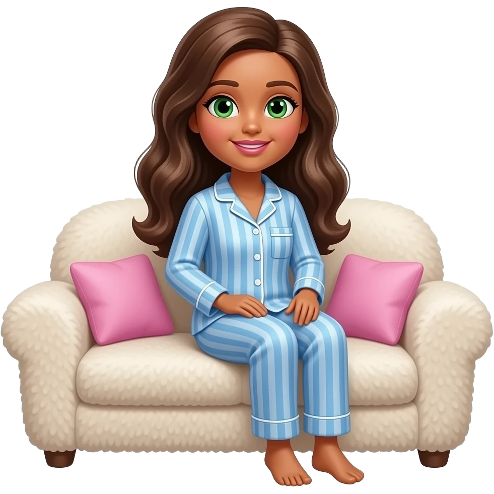 Brown skin brown hair green eyes Barbie in pyjamas on fluffy cozy couch watching tv emoji
