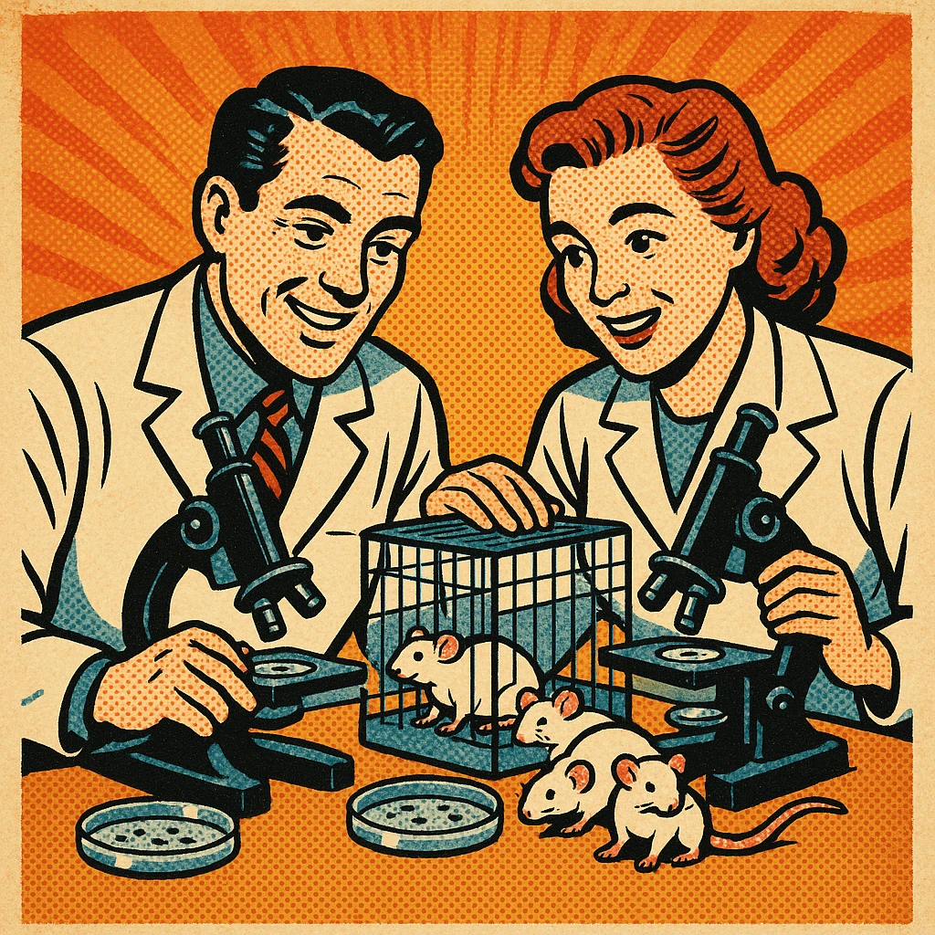 Two caring 1940s scientists wearing white lab coats over a suite in their science laboratory full of microscopes and petri dishes and happy mice in a cage. emoji