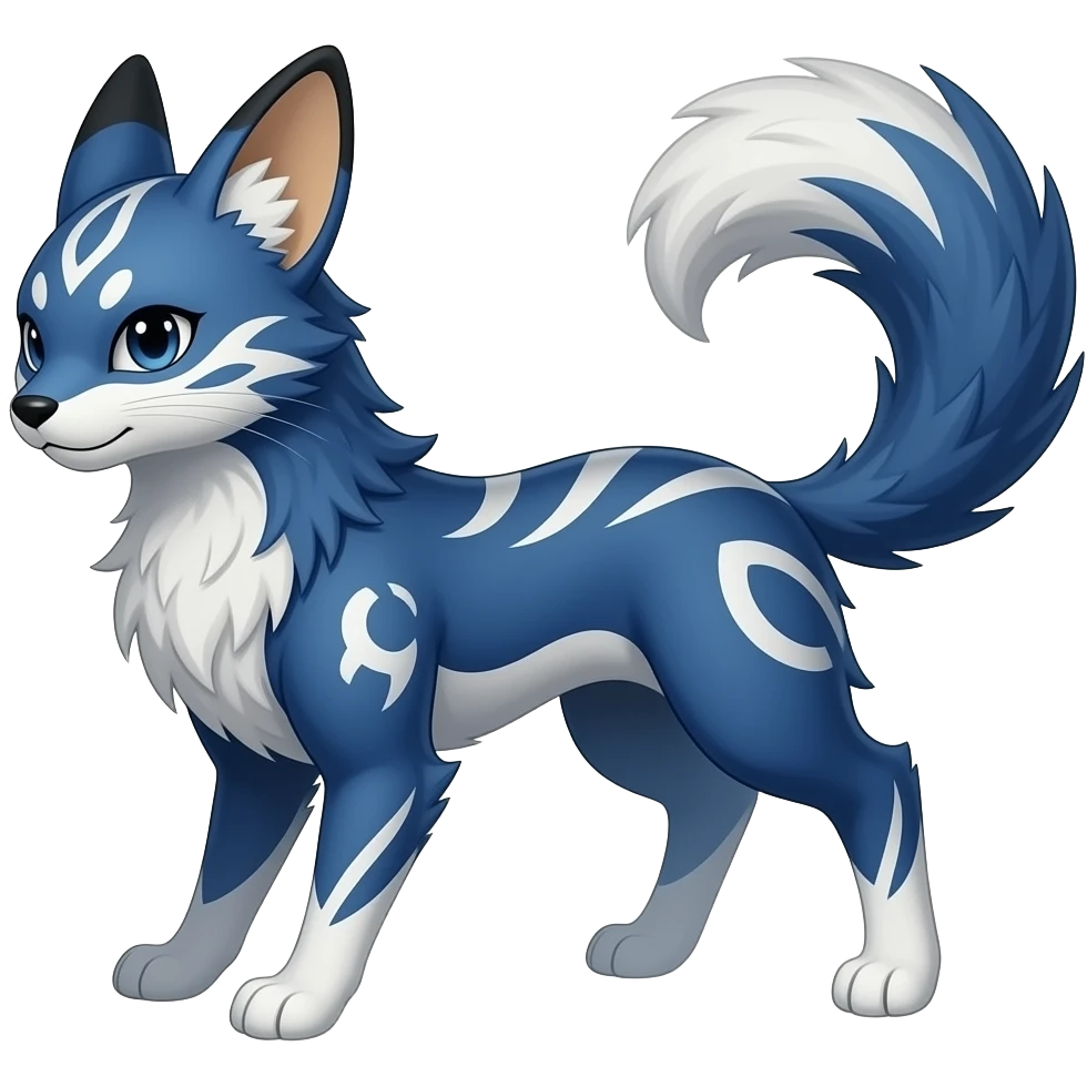 Blue, indigo, white, black Hyper-realistic Colorful Skilled Adept Graceful Asian Painted Meloetta-Furret-Lycanroc-Zangoose-fusion-hybrid-creature (full body) emoji