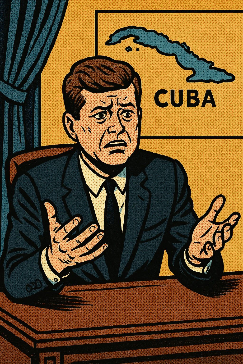 President Kennedy sitting in his office behind his desk with a worrying look on his face and his hands out trying to make a decision.  There is a map of cuba in the background emoji