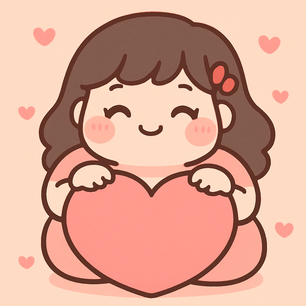 bbw anime girl with closed eyes, smiling, sitting behind a big heart, kawaii anime style, pink and red palette emoji