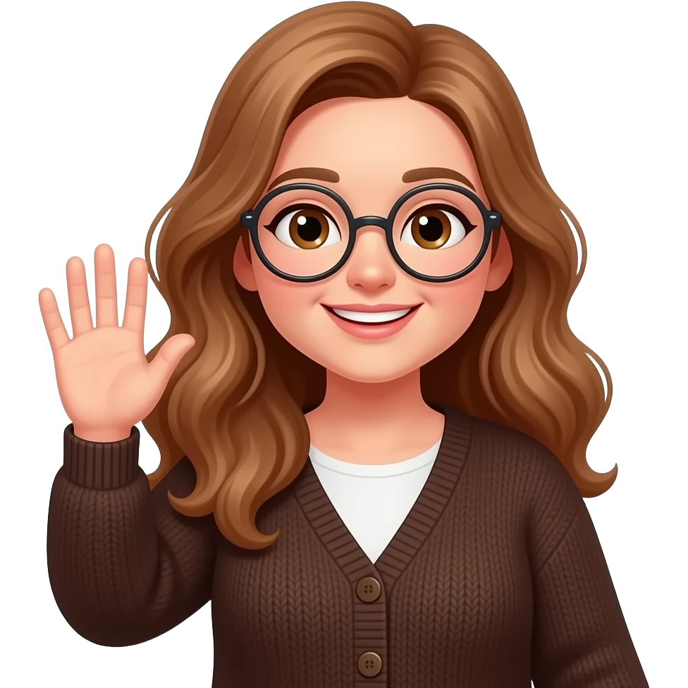 detailed emoji illustration of a curvy woman with long light brown wavy hair, light brown eyes and round glasses waving with one hand, wearing a dark old brown cardigan, friendly and cheerful expression, cute emoji style emoji