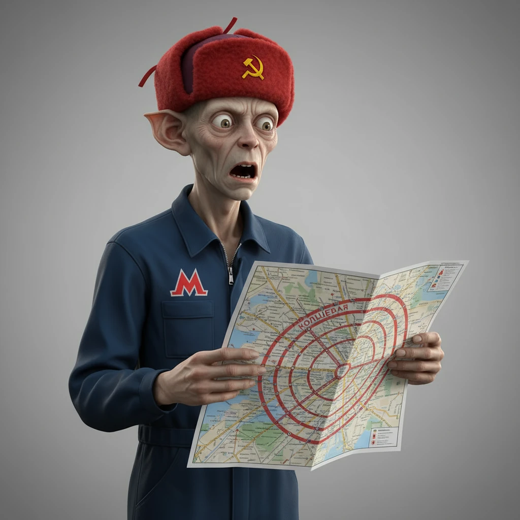 Голлум в красной шапке ушанке (на которой нарисован герб СССР) и костюме работника метро с буквой "М" на груди, держит в руках карту Москвы (на которой видно большое кольцо, кольцевую структуру города). Голлум удивляется

Сделай только Голлума, без фона emoji