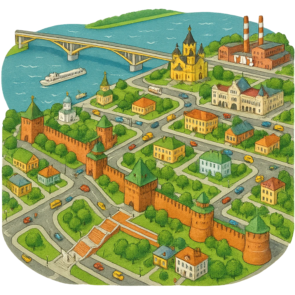 Изометричная миниатюрная фотореалистичная 3D модель панорамы Нижнего Новгорода - Нижегородский Кремль, Стрелка между Окой и Волгой, ГАЗ, Чкаловская лестница, Борский Мост через Волгу, Нижегородская ярмарка, нижегородские дома, автотранспорт четкие линии, яркие цвета, мультяшный реализм, люди, автотранспорт, компактная композиция, вид сверху в изометрии, прозрачный фон emoji