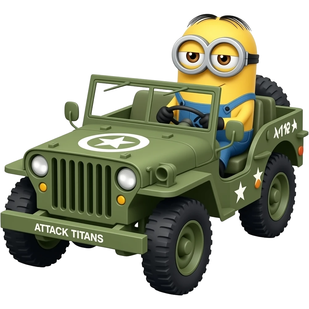 Minion driving army jeep with Attack Titans text on hood emoji