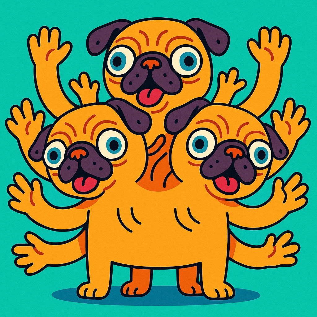 fun and creative surreal pug with three heads, each head sprouting three arms, and a tiny divot in every ear emoji