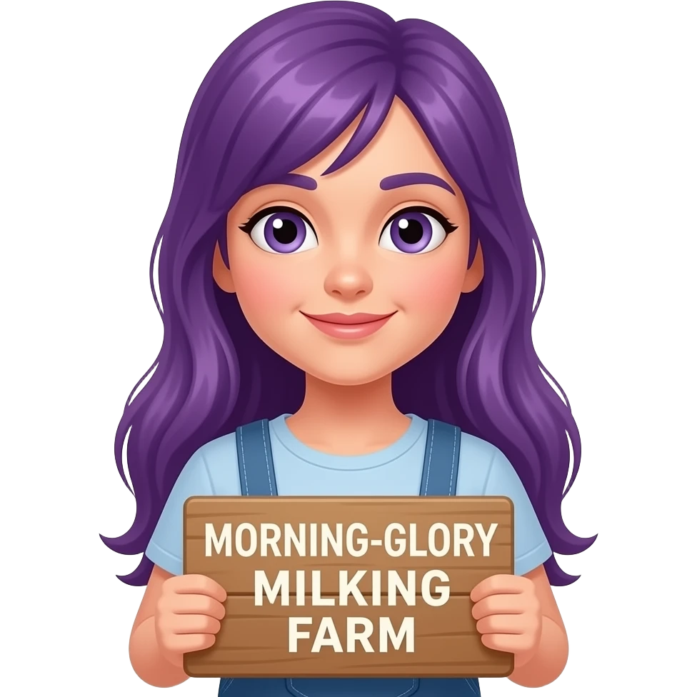 girl with long purple hair with a MORNING-GLORY MILKING FARM sign emoji