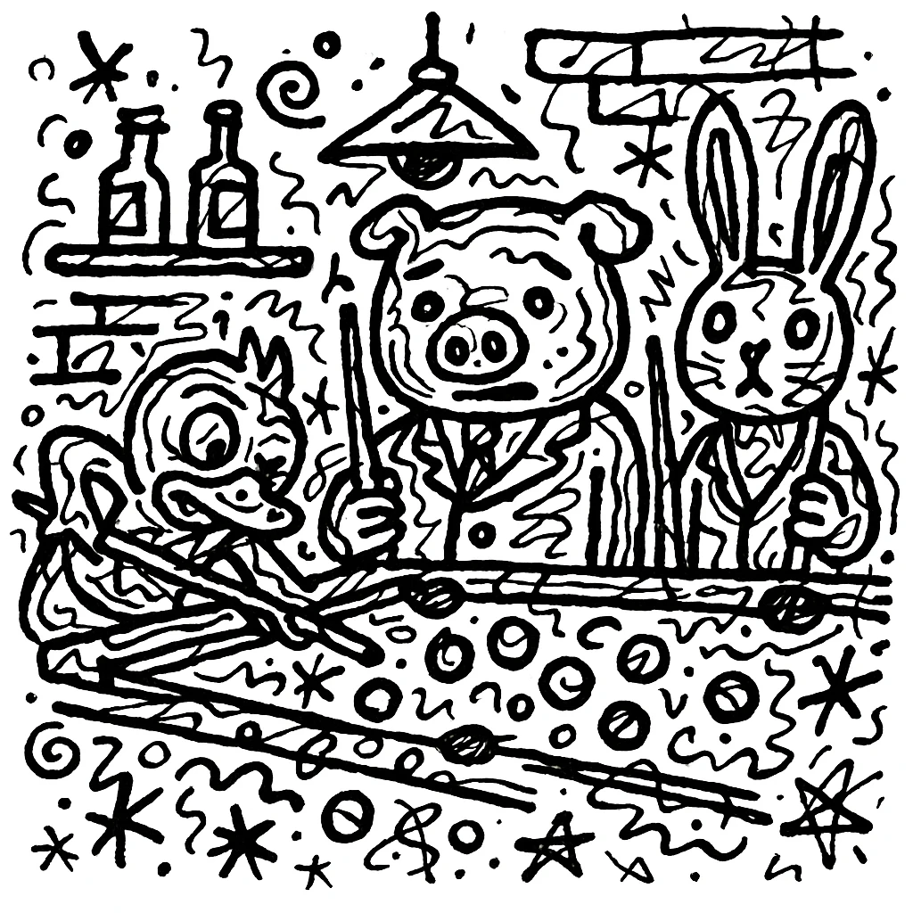 Edit the image of a duck, pig, and rabbit playing pool in a bar. Make the background completely white and all strokes and lines black, maintaining the chaotic doodle style for coloring. emoji