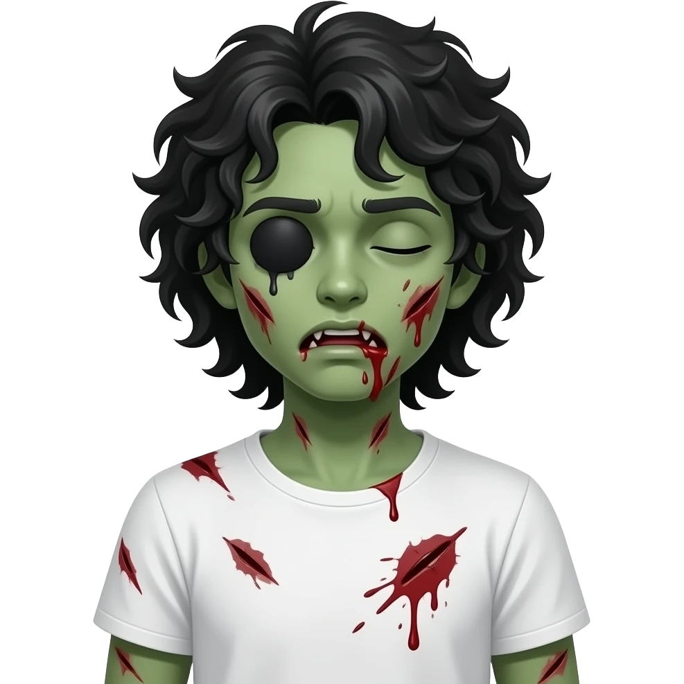 low quality, dark green skin zombie, black long curly 3c type hair, mouth slightly open with blood leaking out of mouth, wounds and on zombie, white regular tee shirt, a young teenager, no wrinkles on face at all, eyes blacked out all the way with one eye shut, bloody cuts, one eye shut emoji