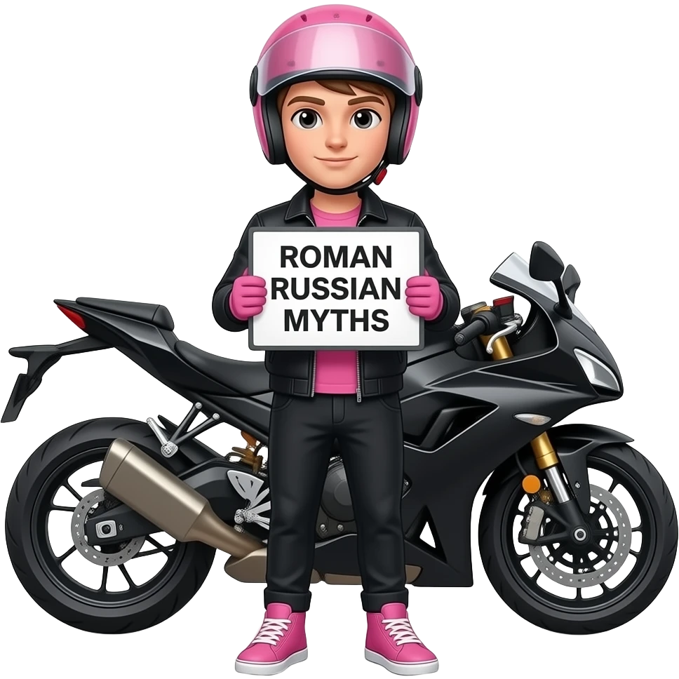 a young man with black jacket and pants wearing pink sneaker and pink gloves, he also wears a pink helmet with an  unvisible vision, he stands in front of a black white motorcycle and is holding a ROMAN RUSSIAN MYTHS sign emoji