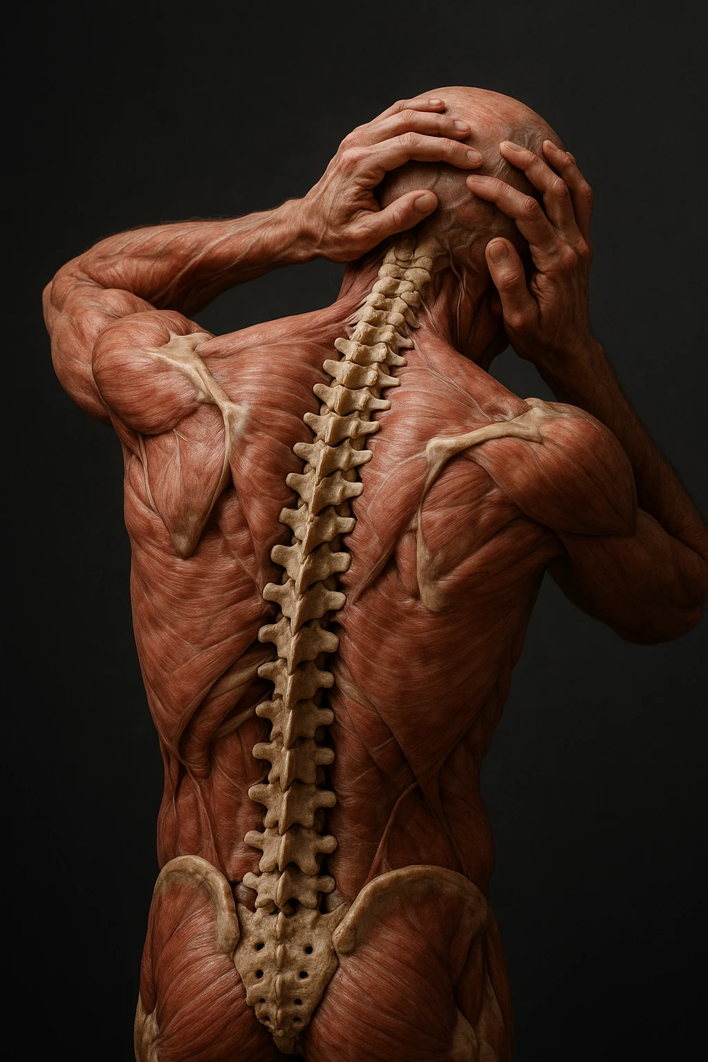 CORPO UMANO ANATOMICO con spina dorsale in evidenza, molto stanca e stressata mentre si tiene le mani sulla testa, IPERREALISTICO 4K emoji