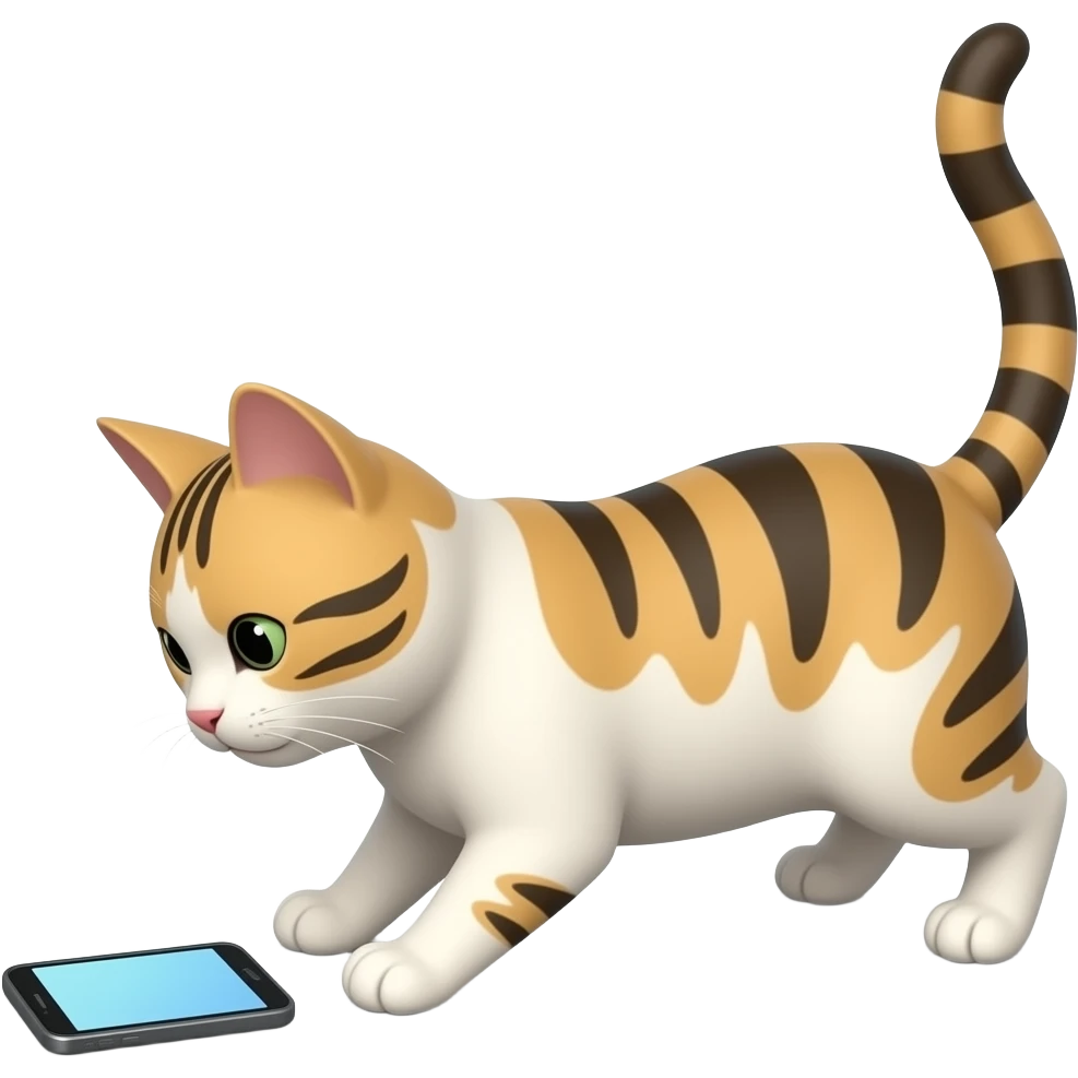 Glossy 3D rendered cat emoji on all fours, side profile, looking at a smartphone on the ground in front of it, slightly rounded edges, soft shading, white background emoji