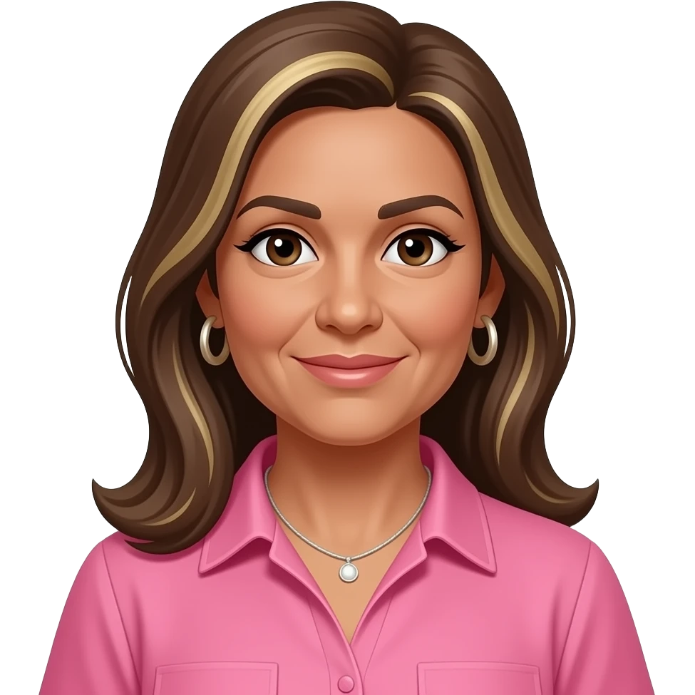woman in early 50s, italian looking with darker olive skin,with dark brown eyes, long straight brown hair to past the shoulders, with blonde highlights and side parting, all one length. Wearing  a pink shirt with hoop earrings and a necklace. emoji