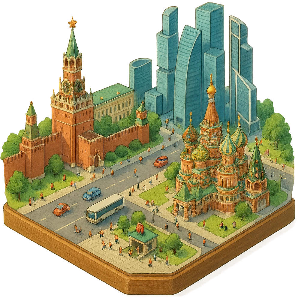Изометричная миниатюрная 3D модель Москвы на подставке - фотореалистичный Кремль, собор Василия Блаженного, фотореалистичный Башни Москва-Сити, аккуратная детализация, яркие цвета, мультяшный реализм, гуляют люди и современный автотранспорт и метро, компактная композиция, вид сверху в изометрии, прозрачный фон emoji