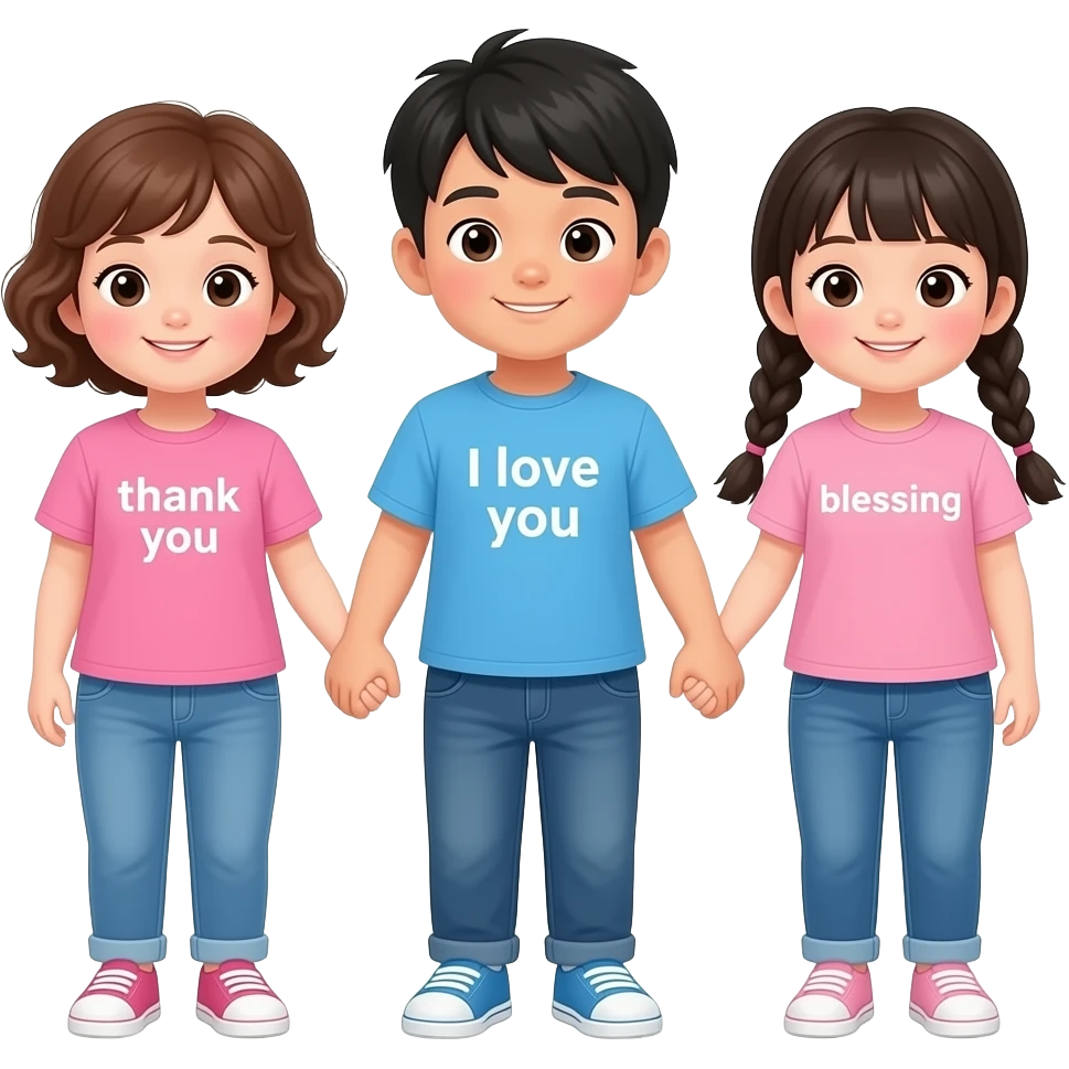 52개월 한국인 세쌍둥이 이모지를 만들어줘. 여아, 남아, 여아 순으로 배치해주고, 서로 손을 잡고 있게해줘. 아이들은 모두 한국인이야. 여아는 분홍티, 남아는 하늘색티를 입고 있고, 모두 긴 청바지를 입고 있어. 티셔츠에는 왼쪽부터 '감사해요', '사랑해요', '축복해요' 글자를 넣어줘. 왼쪽 여아는 단발기장에 갈색 퐁글한 곱슬머리야. 남아는 이마가 드러나는 짧은 머리. 오른쪽 여아는 검정 가슴기장의 양갈래로 땋은 머리고 앞머리는 없도록. emoji