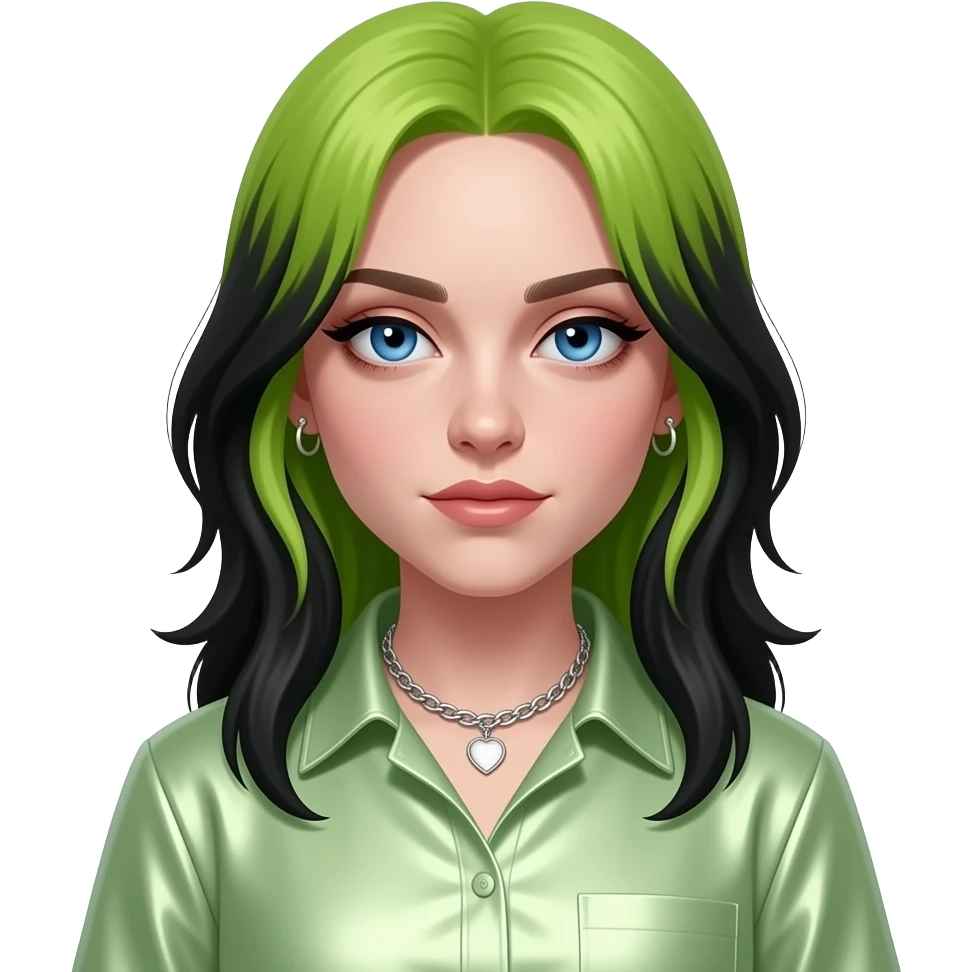 Billie Eilish with blue eyes, long lime green and black hair, light green metallic sweetheart shirt, silver necklace and short earrings emoji