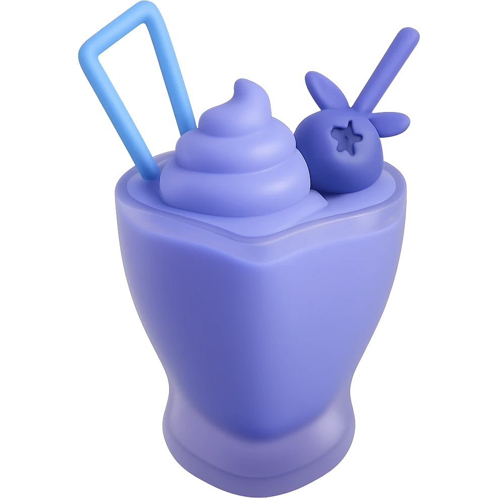 Change the image to a blueberry milkshake theme using cool blue and purple tones. Keep the double straws, heart-shaped glass, and blueberry on top. Remove the background. emoji