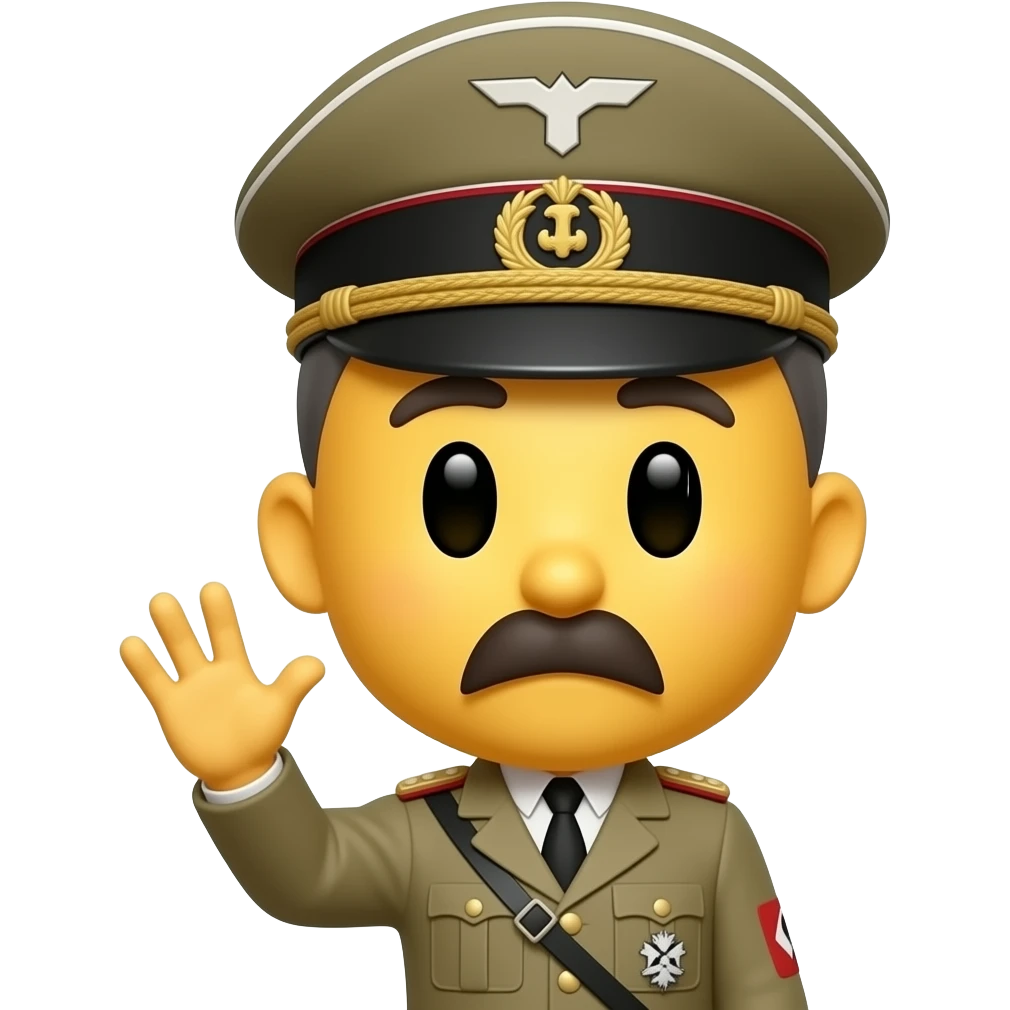 also make his body make an emoji of hitler with his hat and also make him turned to 30 degrees emoji
