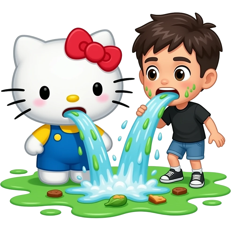 green and white, throwing up, Hello Kitty and Gen Z boy throwing up together, a lot, covering the ground in vomit, Niagara Falls coming out of her mouth, with bits of food in it emoji