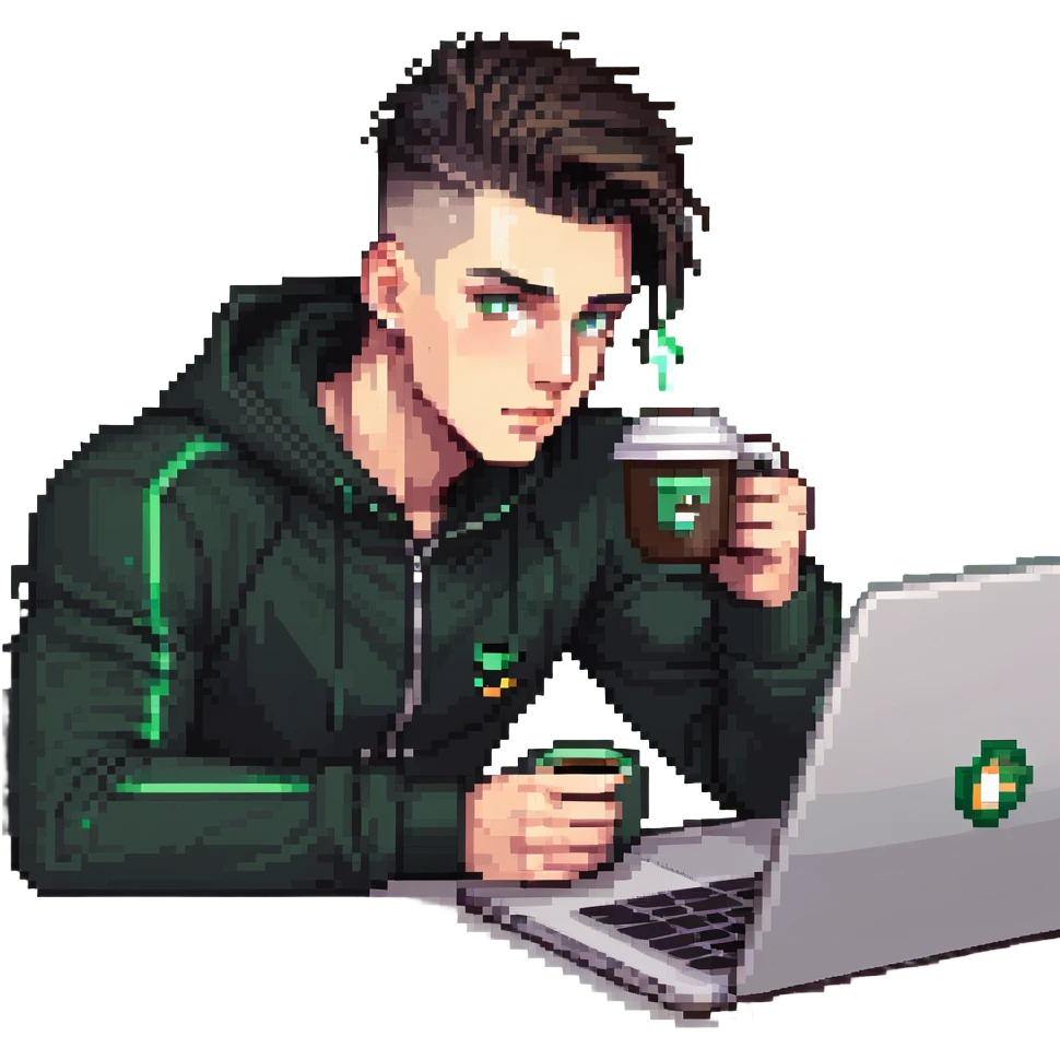 male with dark hair, high fade haircut, high slick back hairstyle, green eyes, wearing a black tracksuit, coding on black laptop, drinking coffee emoji