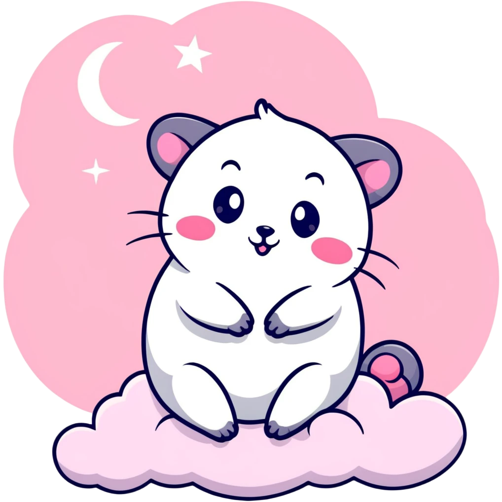 pink possum sitting on a fluffy cloud, surrounded by stars and moons, vibrant colors, mischievous or slightly evil expression, sparkles everywhere emoji