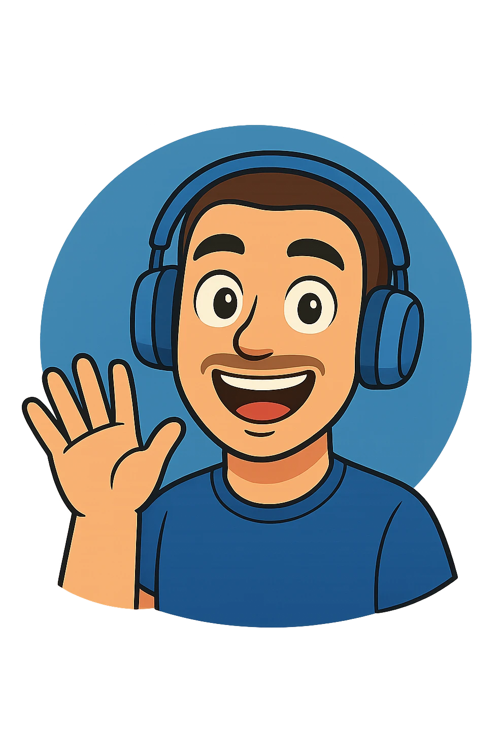 Create a variant of the cartoon style image with the character wearing blue headphones instead of black and red, keeping the same cartoon style and character details. emoji