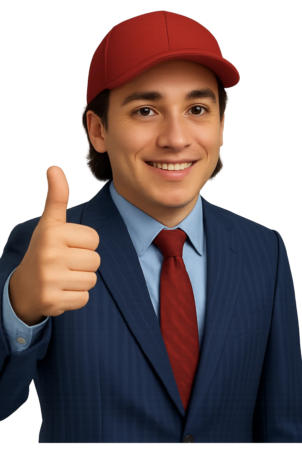 Change the skin tone to white. Maintain the 50% realistic emoji style of a smiling man in a pinstripe suit and red cap, giving a thumbs up. Transparent background. emoji
