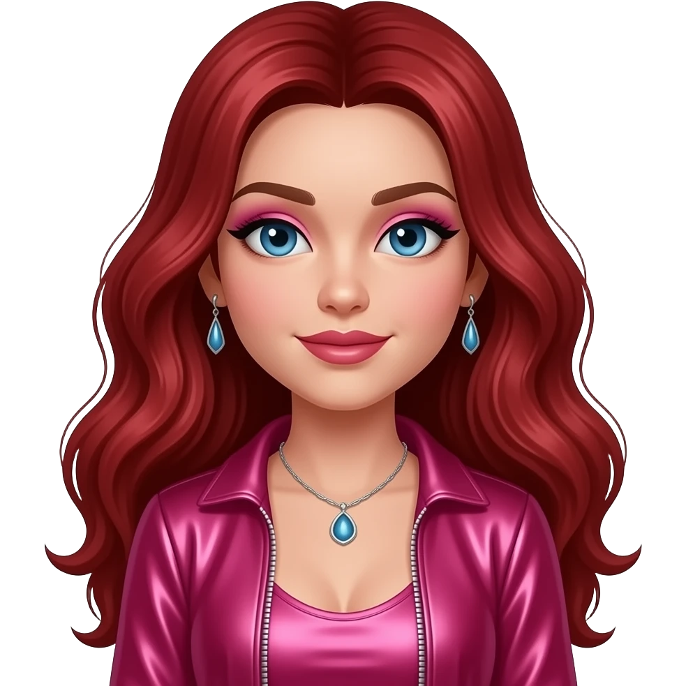 Chappell Roan with blue eyes, long red wavy hair, pink eyeshadow and lipstick, hot pink metallic pop outfit, necklace and earrings emoji
